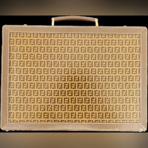 Vintage 1970s Fendi Brown Monogram Canvas Women's Briefcase - Brown Tan & Brass